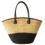 Straw Tote: Woven Wheat 2-tone w/ PU Leather Handles - Black - BG-R11050BK